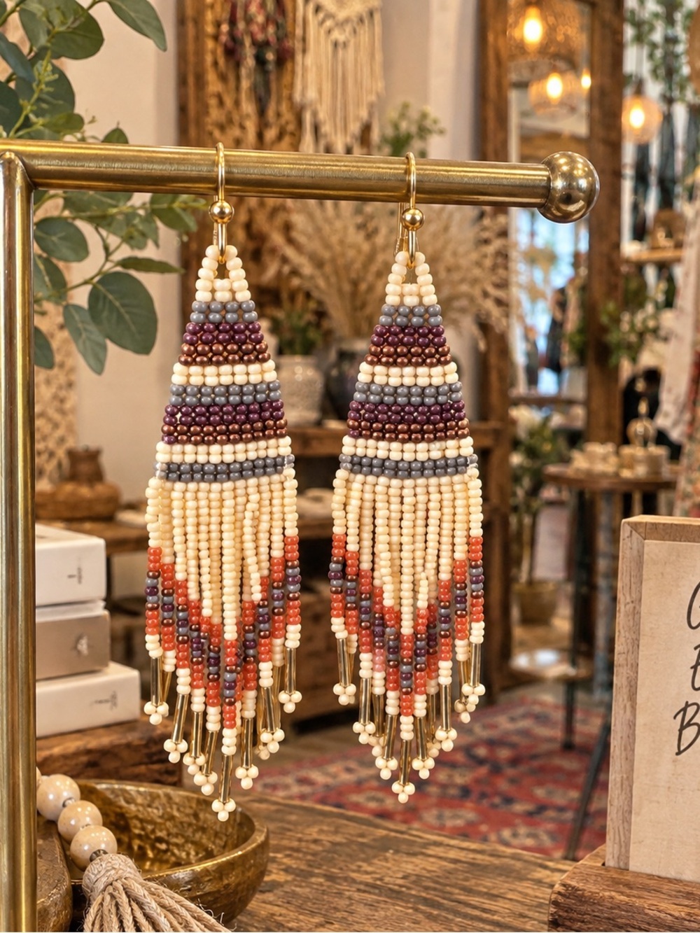 Handmade Beaded Fringe Earrings in Cream, Purple & Coral